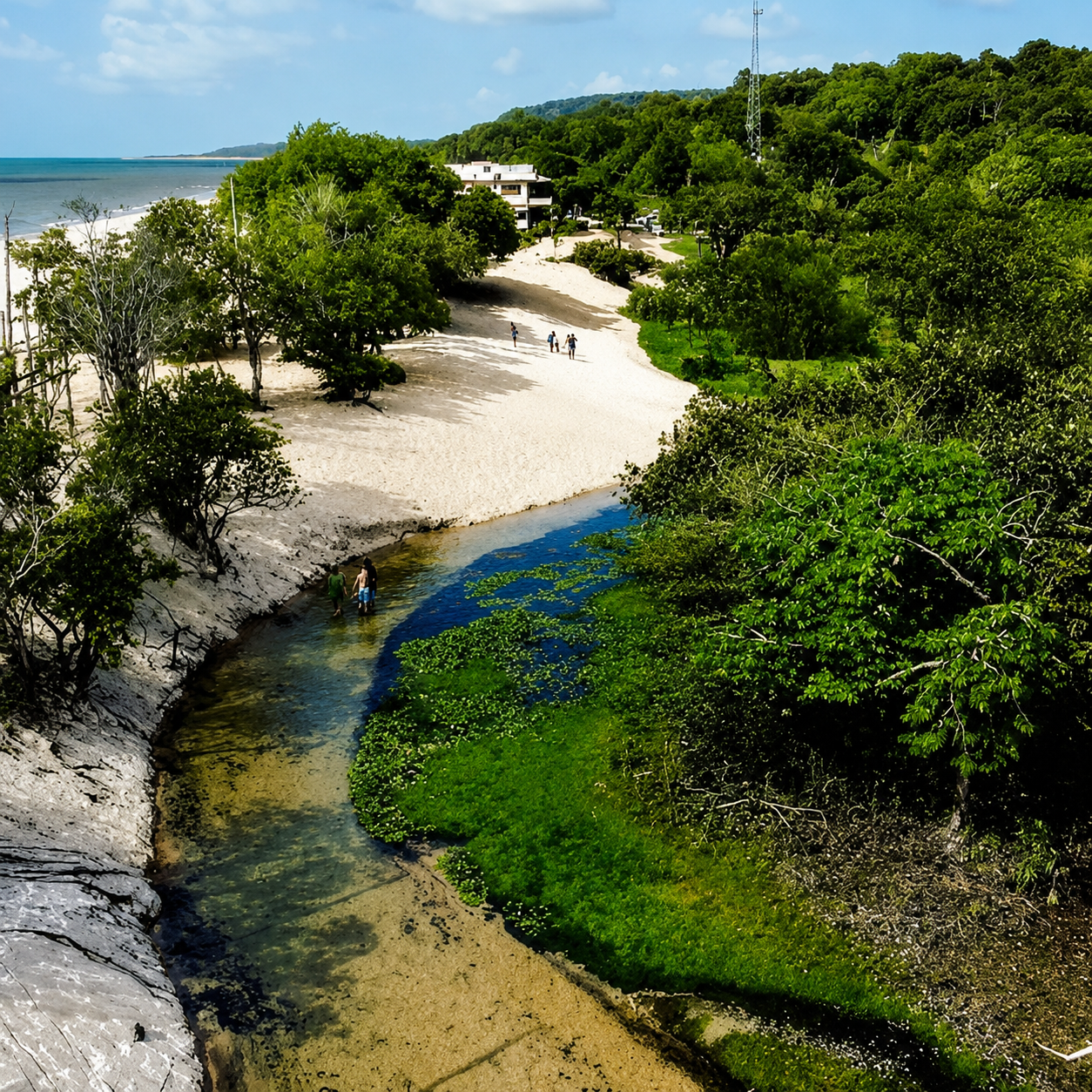 Caminho entre a vegetação e a praia de Aramanai