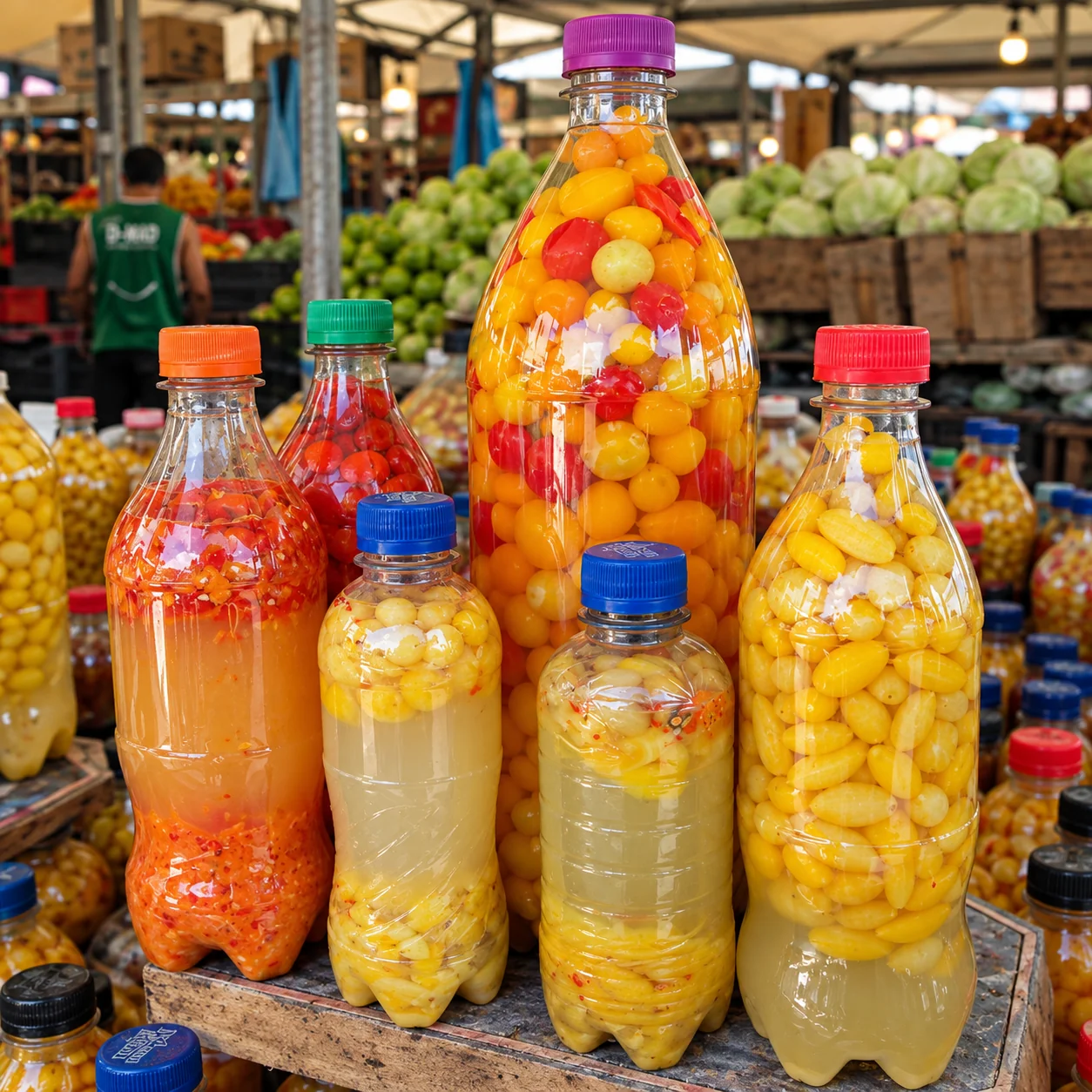 Produtos regionais em uma banca, com garrafas de conservas e pimentas