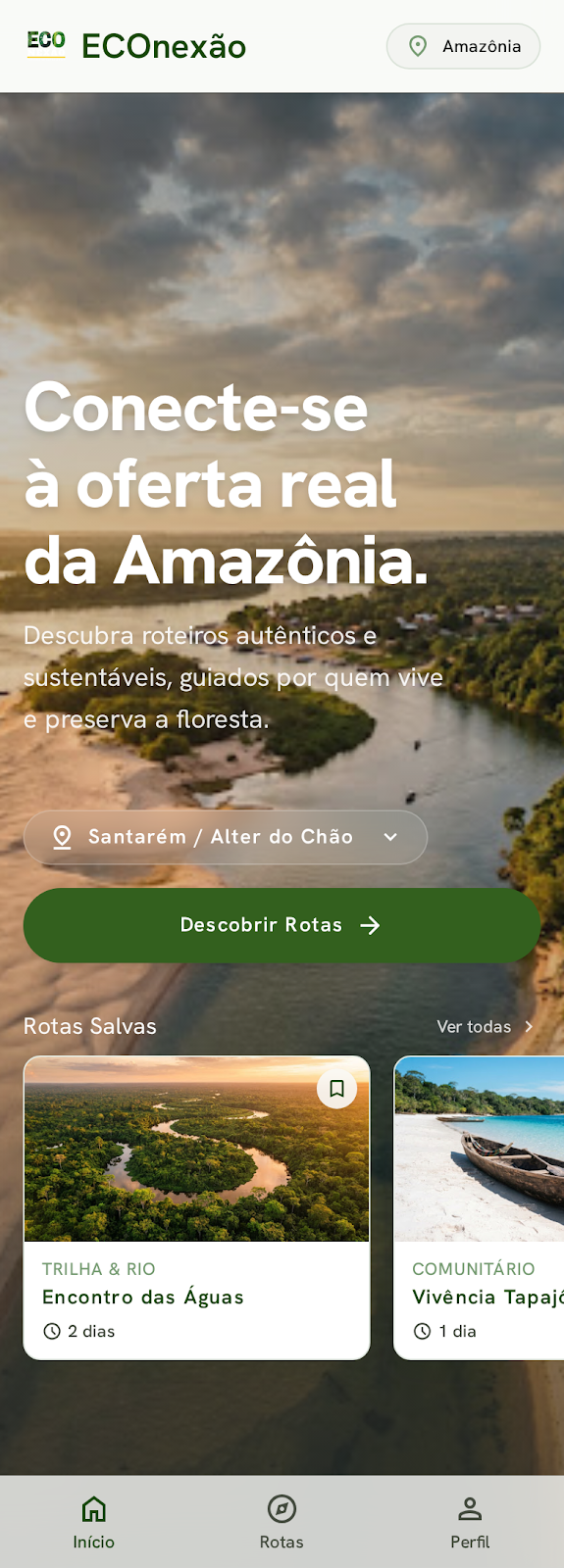 Tela inicial do aplicativo ECOnexão com destinos e rotas da Amazônia