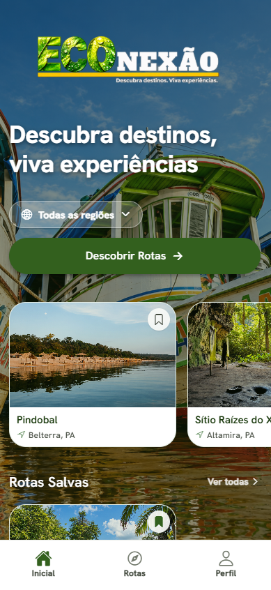 Aplicativo móvel ECOnexão com catálogo de rotas e destinos